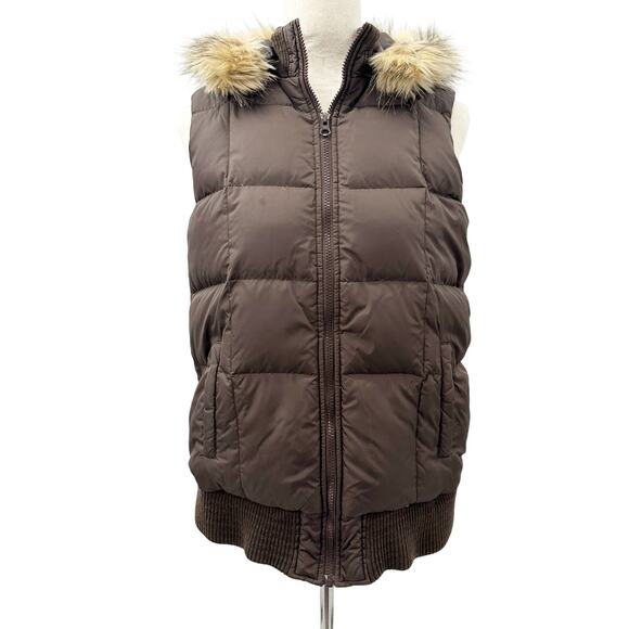Old Navy Maternity brown puffer VEST faux fur hood size SMALL - Picture 1 of 9